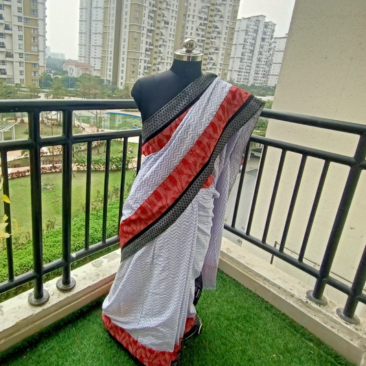Pure cotton sky & white zigzag design body & border red & black weaving aplic with red weaving blouse piece border also black weaving
