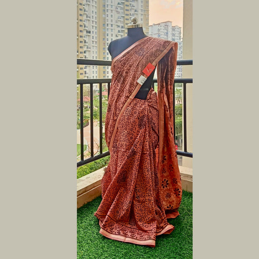 Elevate your ethnic wardrobe with our exquisite Pastel Shead Light Brown Bagru Hand Block Print Art Silk Saree. Complete with a matching blouse piece, it's perfect for special occasions - Fabcentra