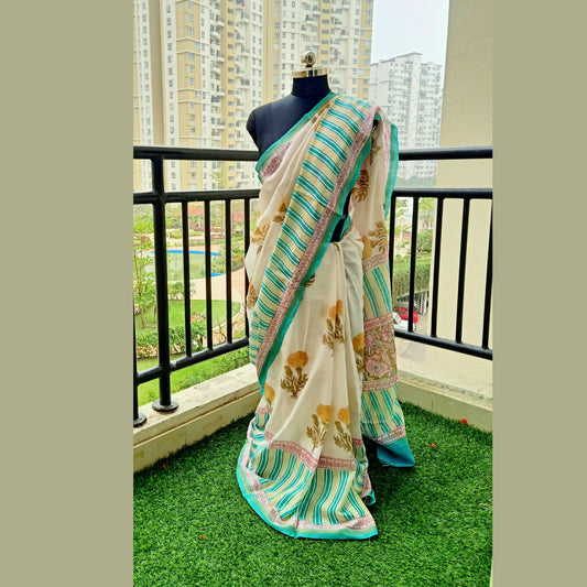 Elevate your ethnic wardrobe with our off-white Chanderi cotton saree, adorned with intricate hand block prints. This timeless piece comes with a matching blouse, perfect for any occasion - Fabcentra