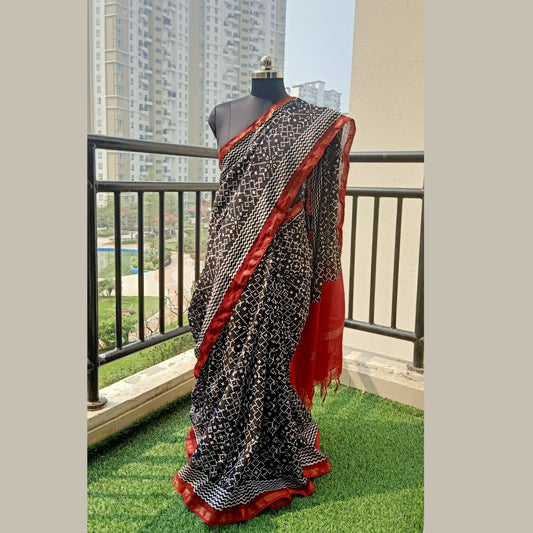 Black & White Chanderi Cotton Saree featuring a maroon contrast silk jari border, pallu, and blouse piece