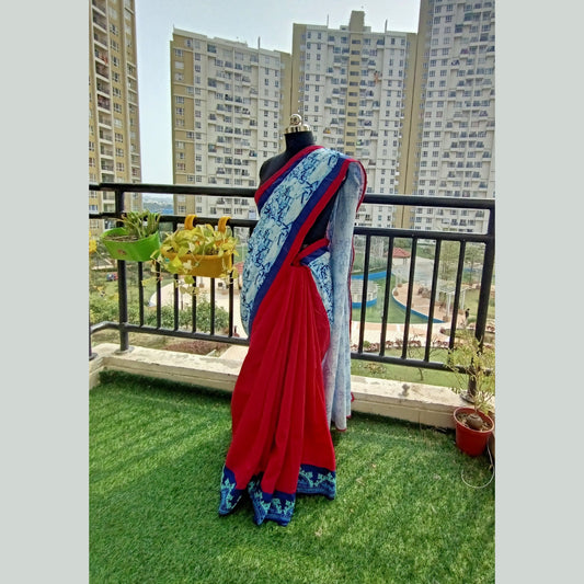Designer Hot Pink & Sky Blue Saree, featuring intricate Gujarati handwork on the half saree. Paired with a blouse piece adorned with Gujarati border in pink - My Store